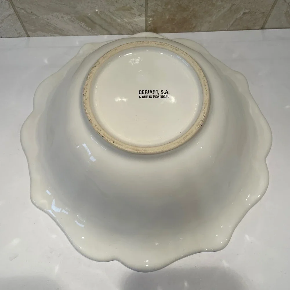 Ceriart Portugal Cream White Scalloped Ceramic Serving Bowl Scroll Beaded 11.5in